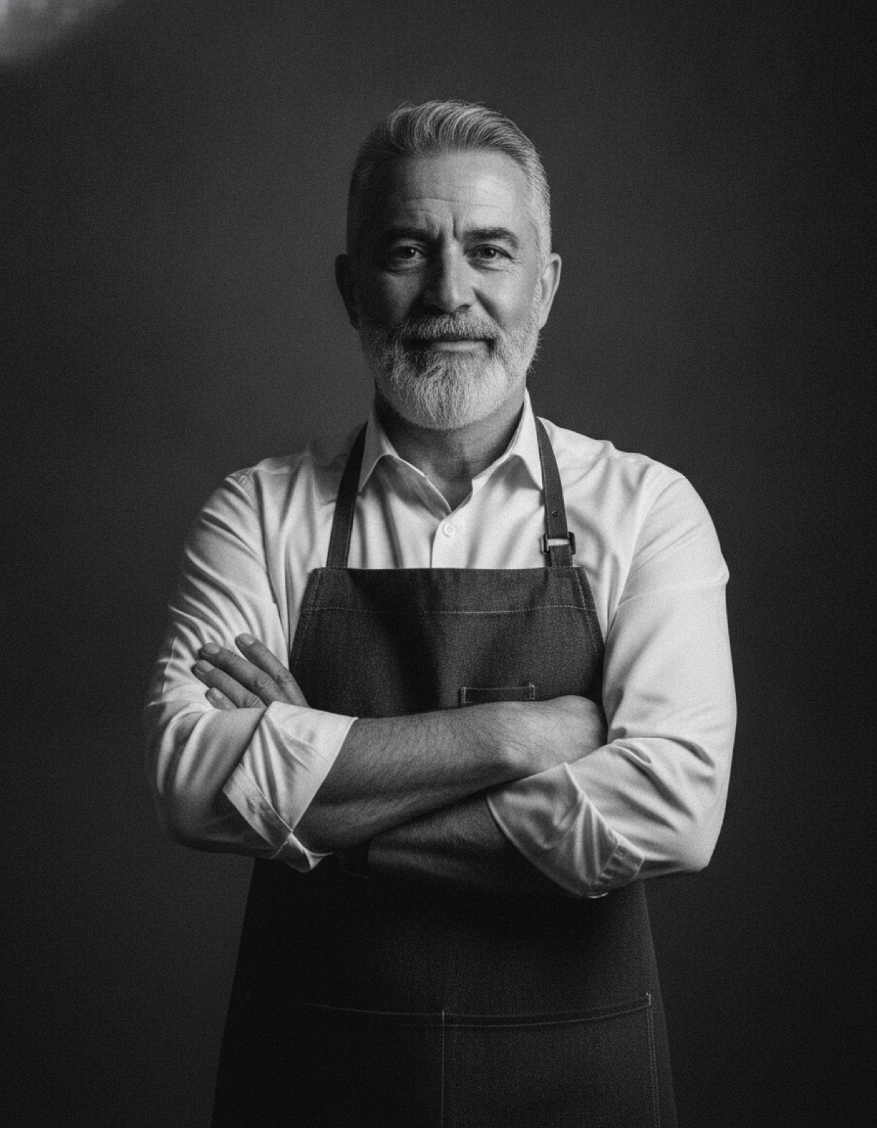 Retrato a preto e branco de António Vilaça, mestre barbeiro de cabelo e barba grisalhos, de braços cruzados