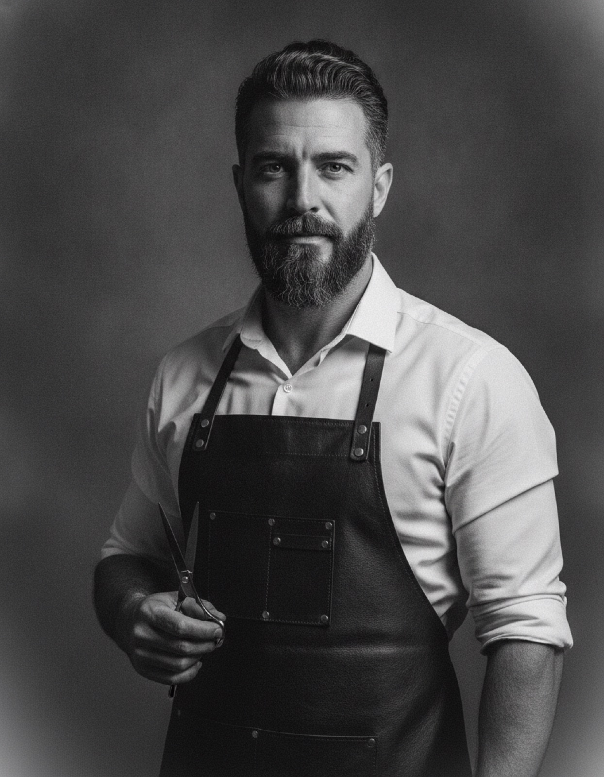 Retrato a preto e branco de Miguel Antunes, barbeiro de barba cheia, com tesoura na mão