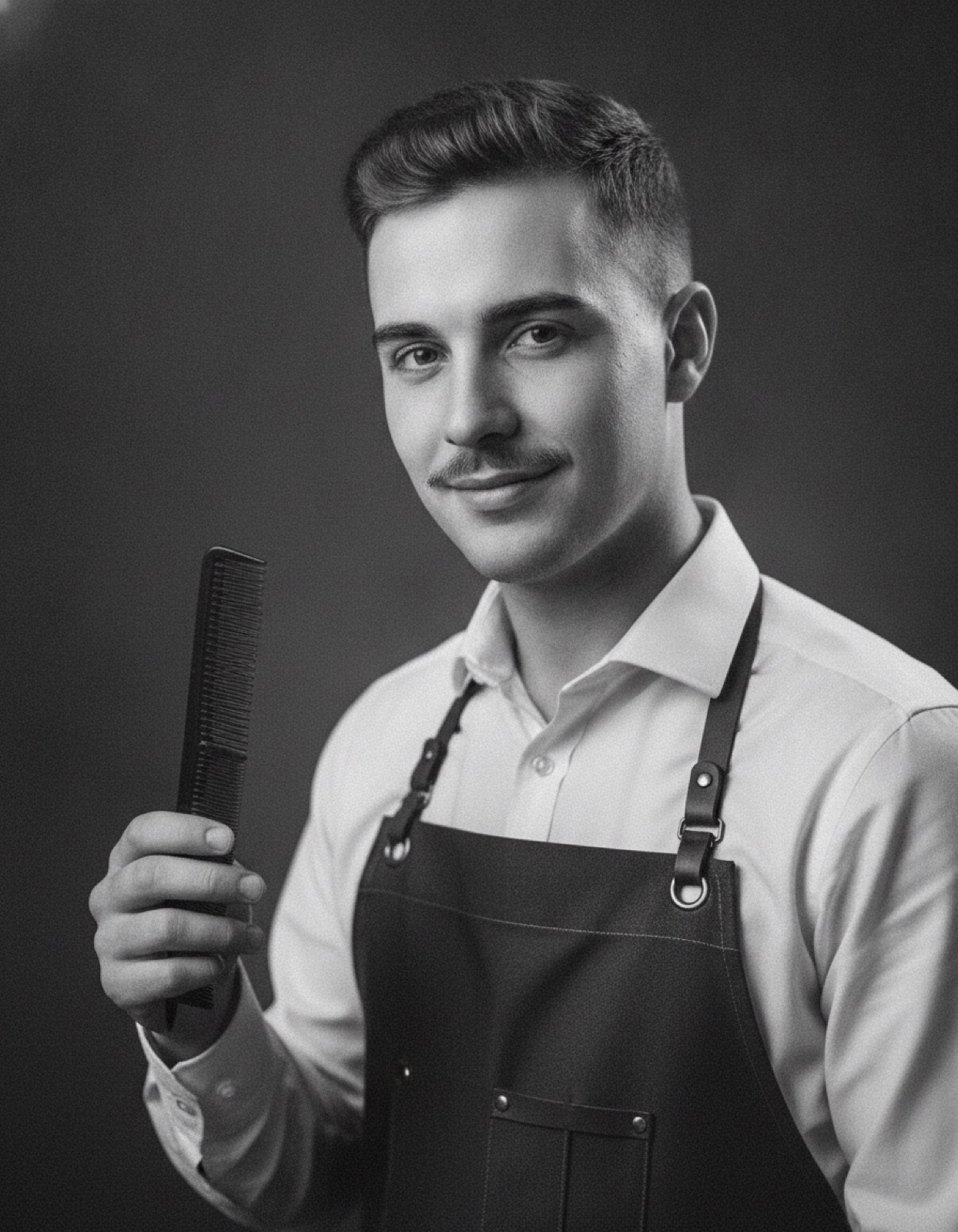 Retrato a preto e branco de Tomás Ferreira, barbeiro jovem de bigode, com pente na mão