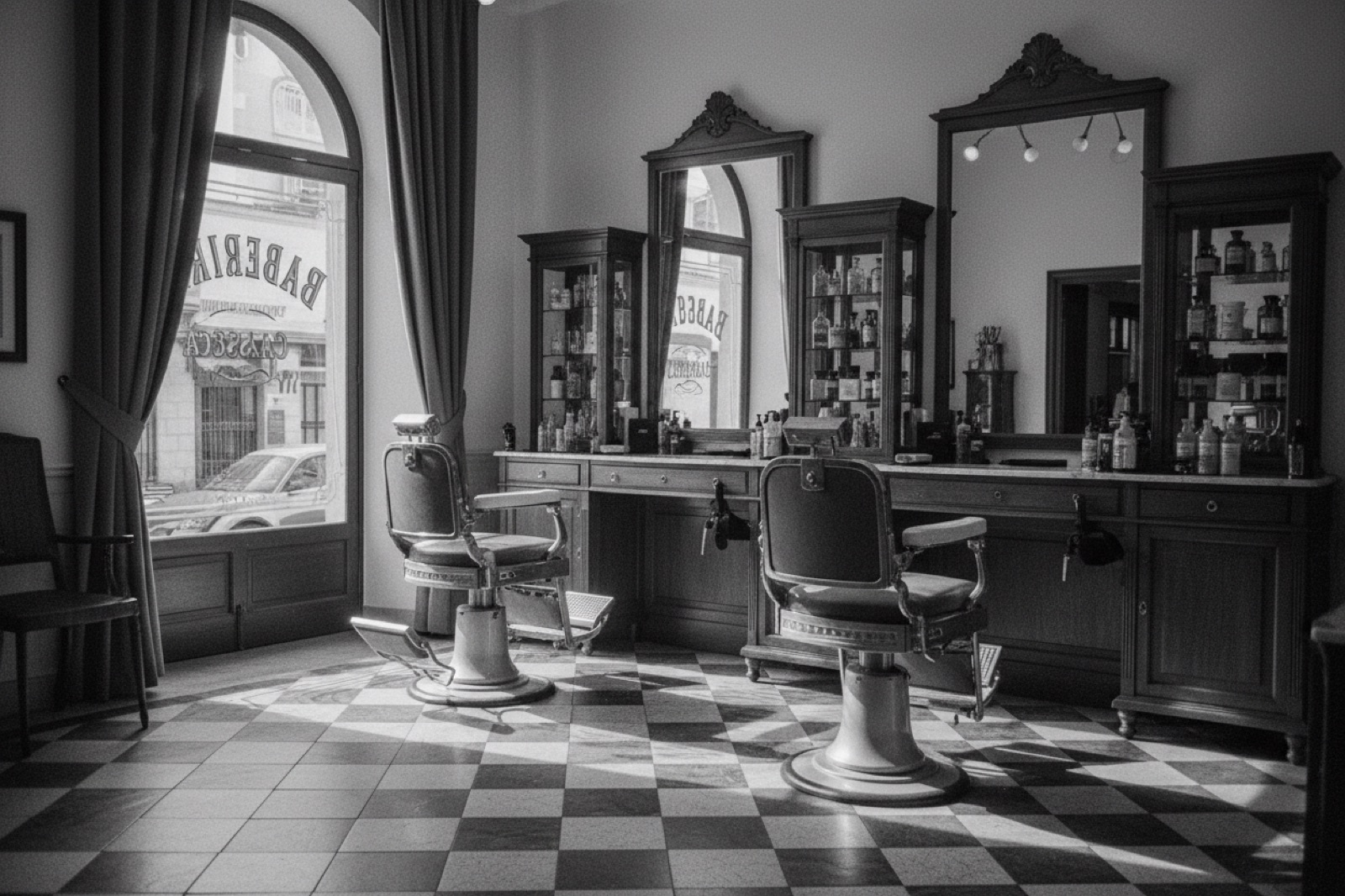 Interior da barbearia com duas cadeiras antigas, armários de madeira escura e espelhos emoldurados, em fotografia a preto e branco