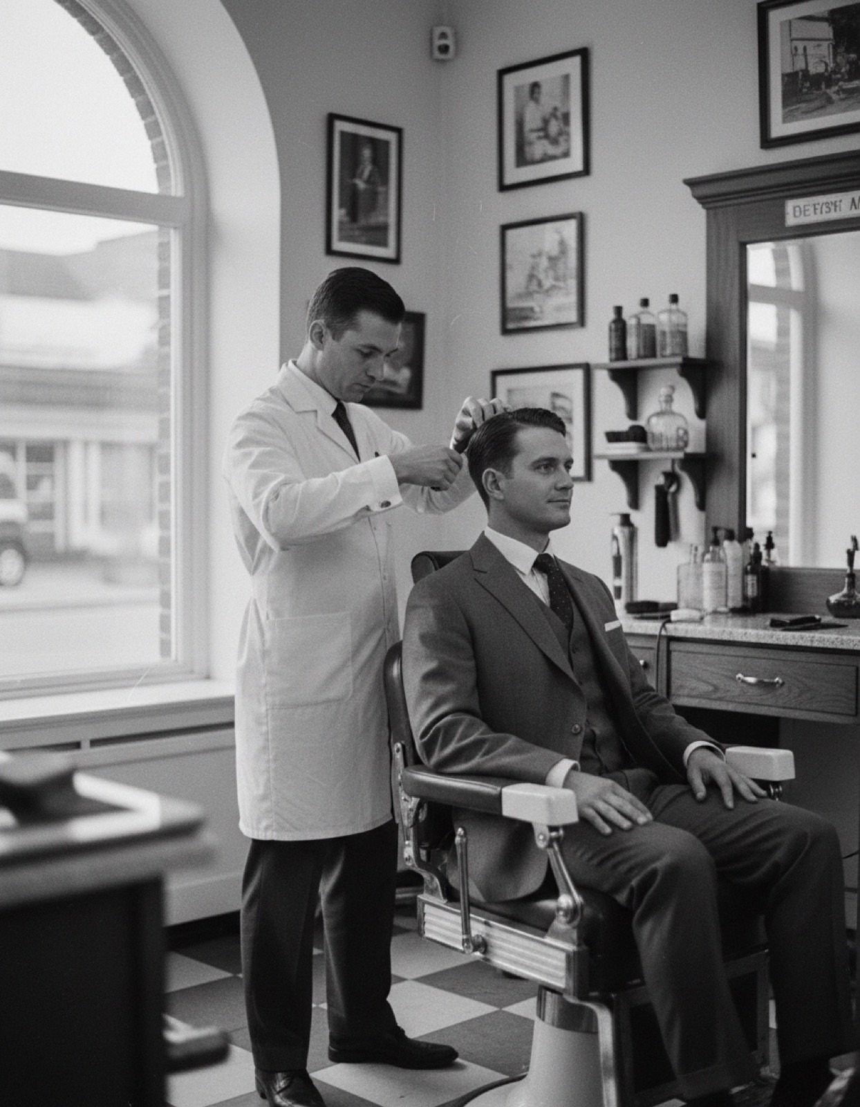 Barbeiro a cortar o cabelo de um cliente sentado, com tesoura e pente, em fotografia a preto e branco